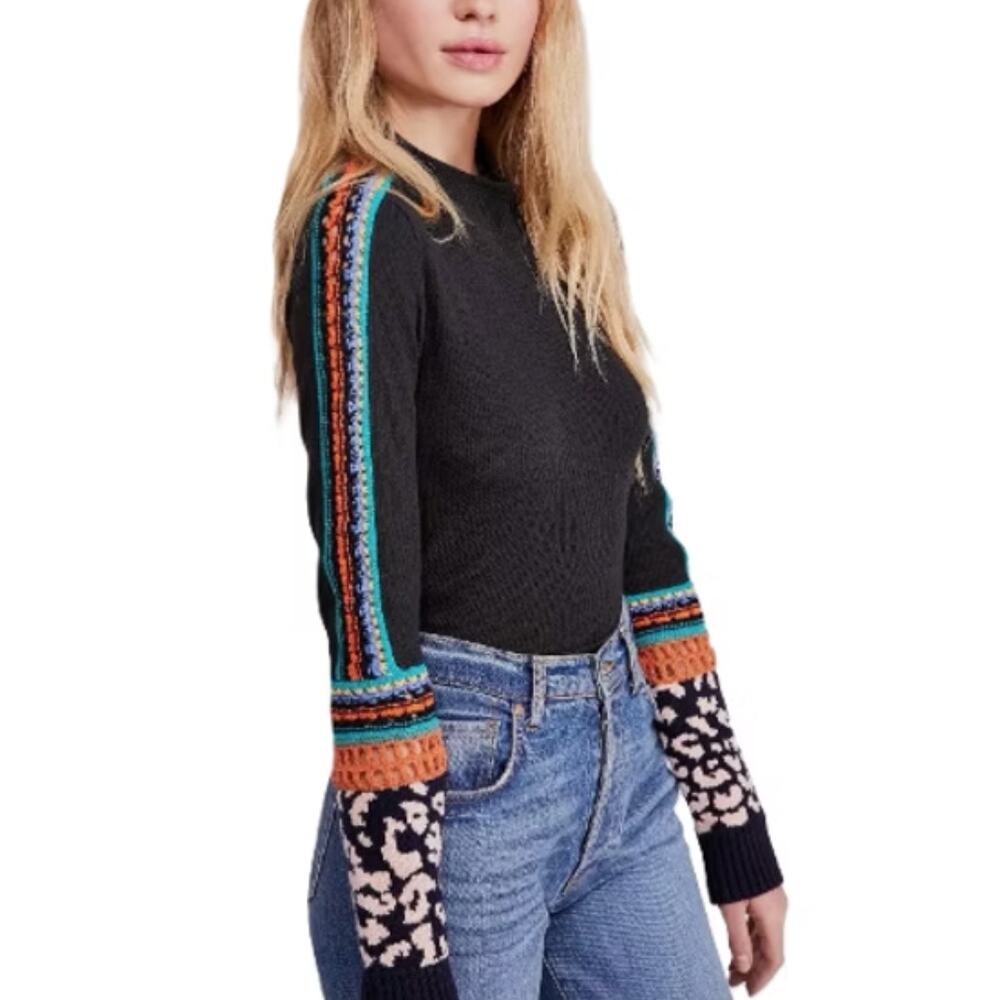 Free People Switch It Up Thermal Top black multicolor ski hippie mock neck sz L